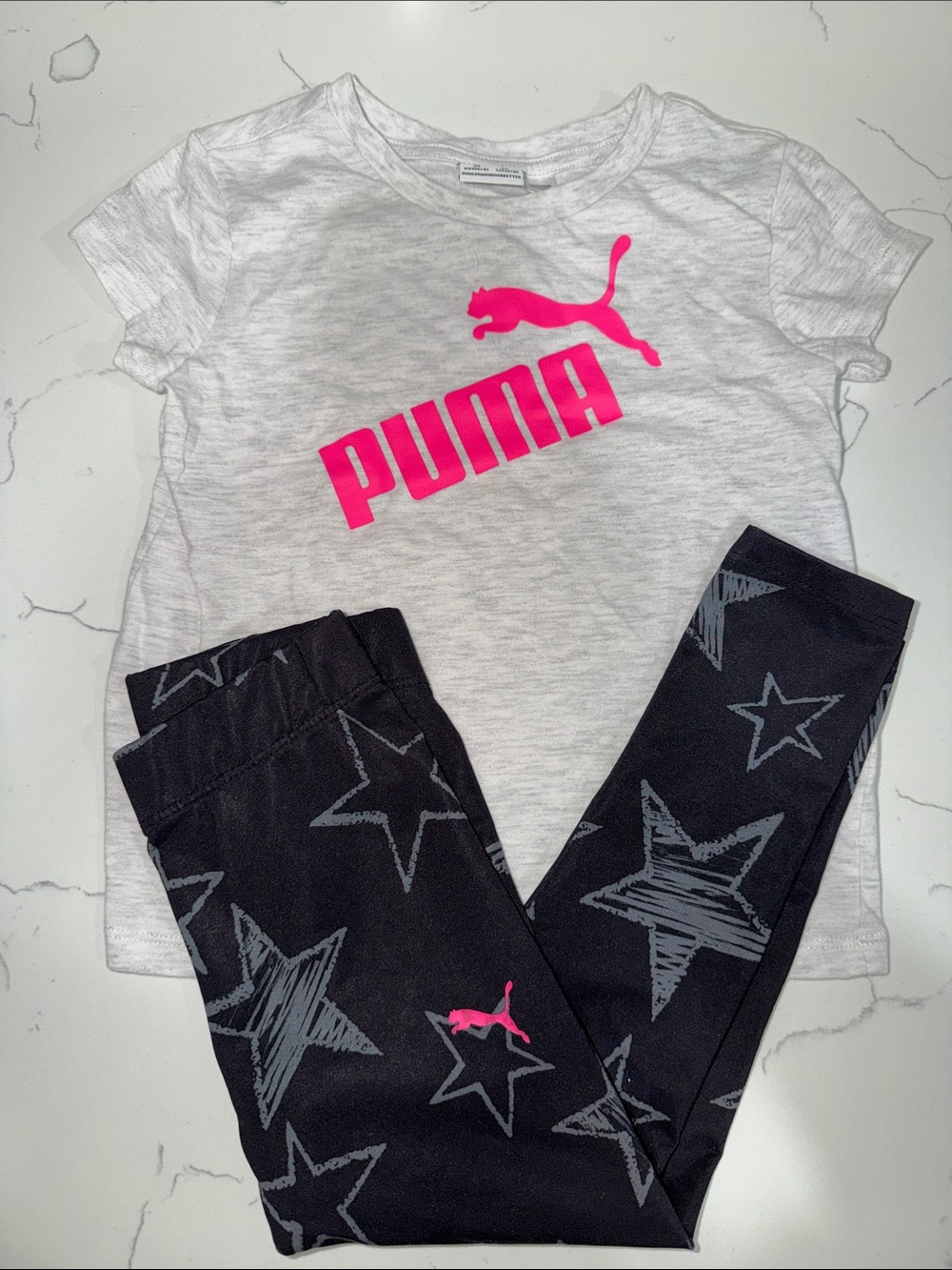 Puma Girls White Tee & Black Star Leggings with Hot Pink Logo